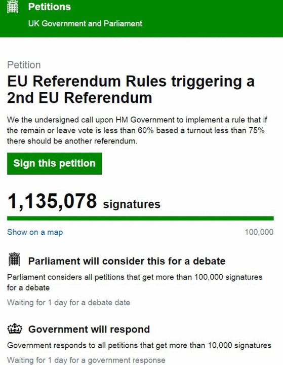 超過100萬人在英國議會網站上聯署 來源:英國議會網站